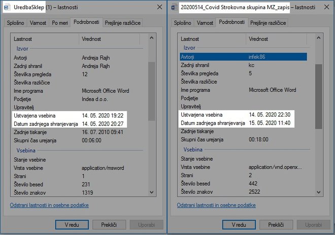 Levo je razvidno, kdaj je nastal in bil nazadnje spremenjen vladni dokument, v katerem so navedeni sklepi vlade, tudi o končanju epidemije. Desno je statistika, kdaj je nastal dokument strokovne skupine Beovićeve. FOTO: Zaslonski posnetek