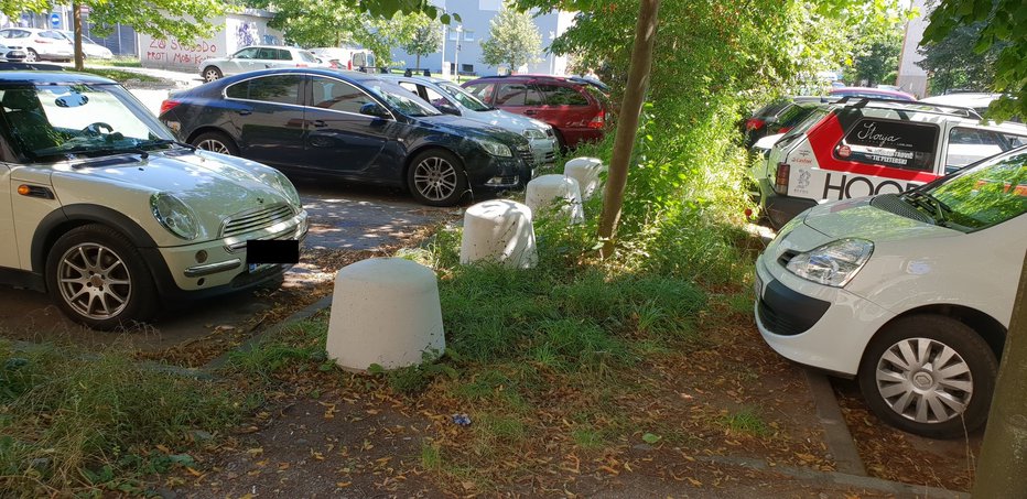 Fotografija: Količki onemogočajo dostop do parkirišča tudi čez dele zelenice. Intervencijska pot naj bi bila onemogočena. FOTO: osebni arhiv