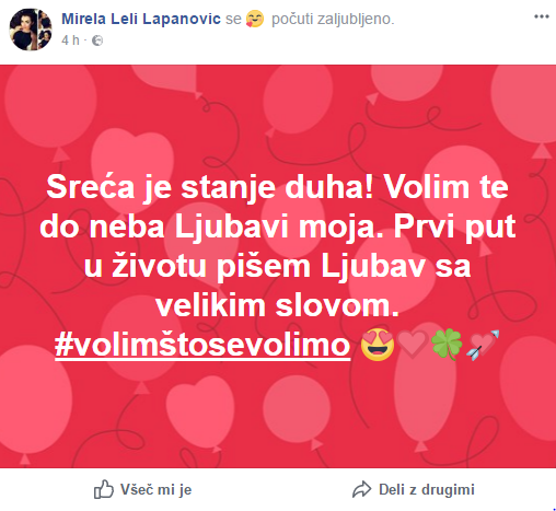 Mirela je zdaj pa menda res neskončno zaljubljena. FOTO: Facebook