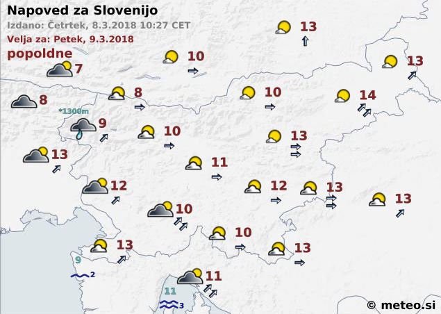 Vremenska napoved za petek popoldne. FOTO: Arso