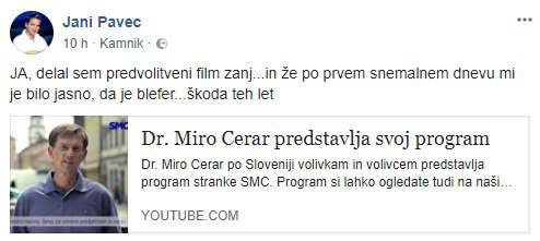 Takole se je Pavec pohvalil na facebooku, da je sodeloval s Cerarjem. FOTO: Facebook