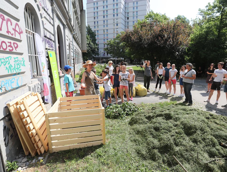 Fotografija: Zelenica pred Dijaškim domom Tabor je postala delavnica kompostiranja. FOTO: Dejan Javornik