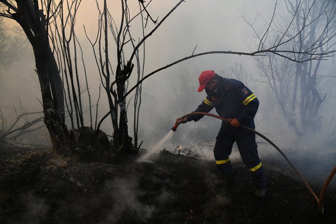 Gasilci se borijo z ognjem. FOTO: Michalis Karagiannis, Reuters