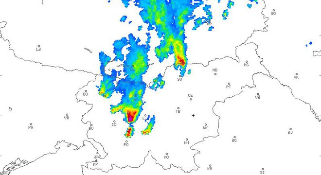 Radarska slika padavin. FOTO: Arso