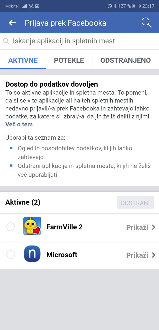 Pregled aplikacij, ki delijo podatke s facebookom. Foto Staš Ivanc