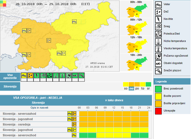 Opozorilo Arsa. FOTO: Meteo.si