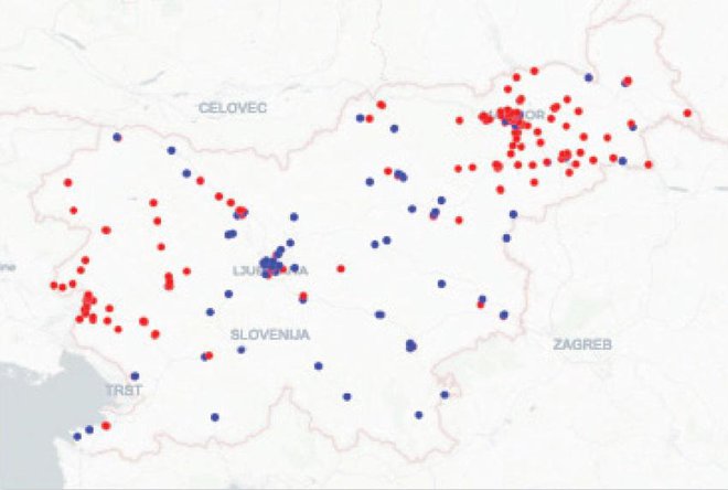 Skupna mreža bankomatov (rdeči Nove KBM, modri SKB). FOTO: SKB, NKBM