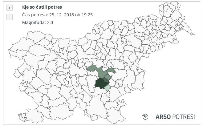 Označeno je, kje so čutili potres. FOTO: Arso, zaslonski posnetek