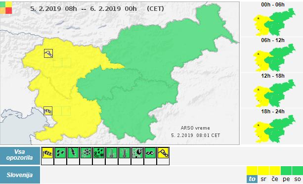 Opozorila za Slovenijo. FOTO: Meteo.si