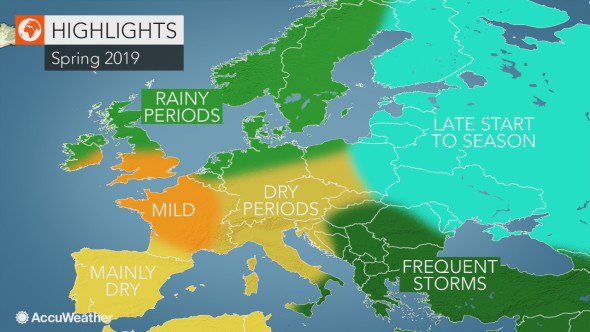 Dolgoročna napoved za letošnjo pomlad. FOTO: Accuweather, posnetek zaslona