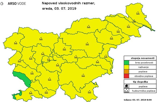 Kje lahko danes pride do razlivanj. FOTO: Arso