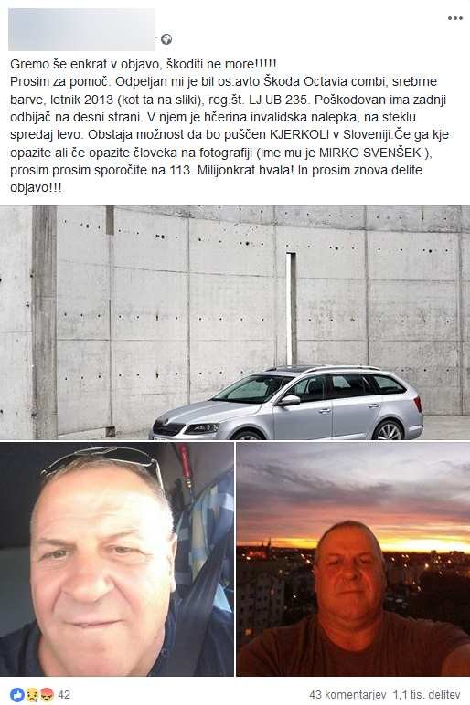 Avto je odpeljal mamici dveh otrok s posebnimi potrebami, iskali so ga tudi prek facebooka. FOTO: Facebook