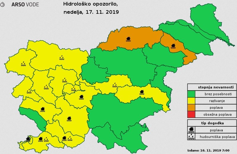 Fotografija: Opozorilo, ki ga je Arso izdal za nedeljo. FOTO: Arso