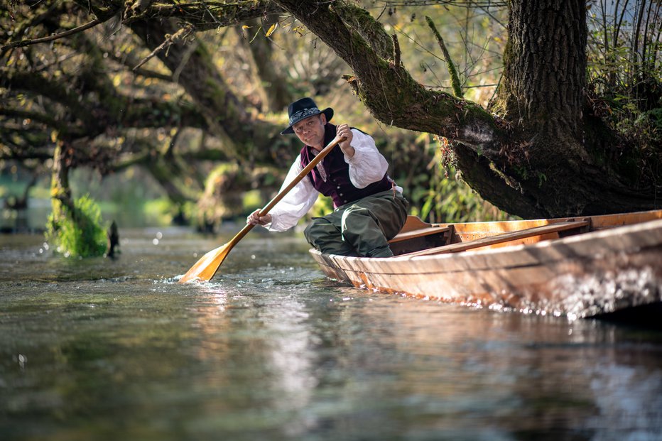 Fotografija: Marjan Jerele se spusti po Krki v tradicionalnem kostanjeviškem čolnu. FOTO: Borut Peterlin