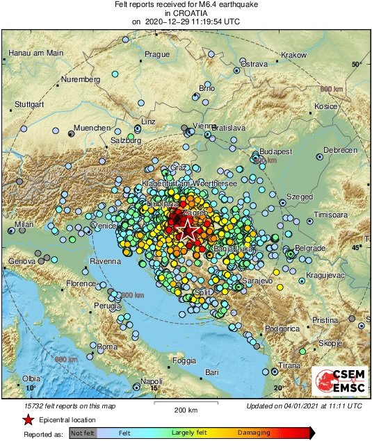 Prikaz potresov na območju Hrvaške v zadnjih dneh. FOTO: EMSC