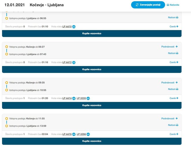 V kolikšnem času iz Kočevja v Ljubljano z vlakom? FOTO: SŽ, posnetek zaslona