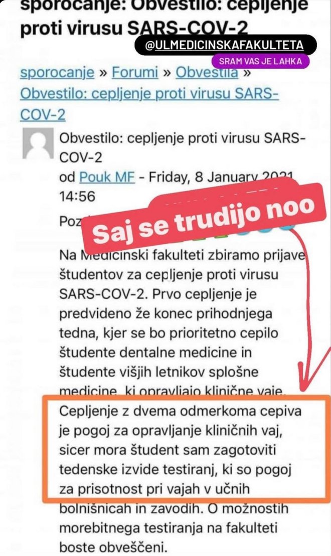 Zapis o cepljenju in študentih medicinske fakultete. FOTO: Instagram