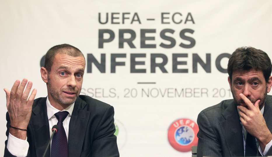 Fotografija: Predsednik Uefe Aleksander Čeferin in prvi mož klubskega združenja Eca, tudi predsednik Juventusa, Andrea Agnelli v Bruslju. FOTO: Reuters