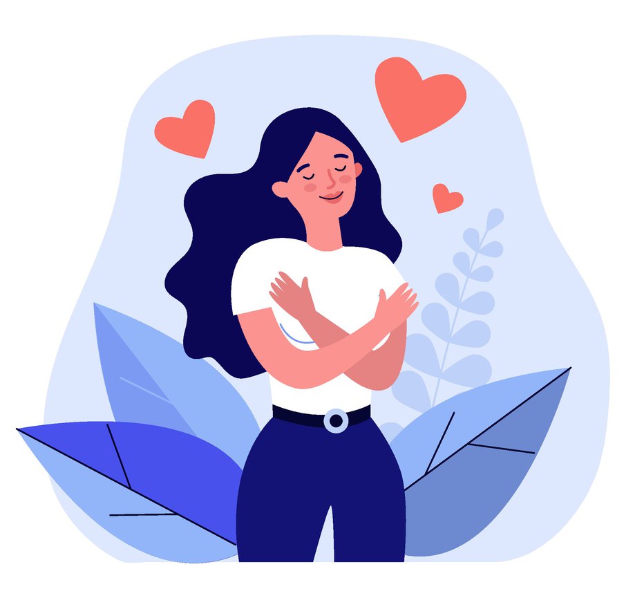 Fotografija: Happy woman hugging herself. Positive lady expressing self love and care. Vector illustration for love yourself, body positive, confidence concept