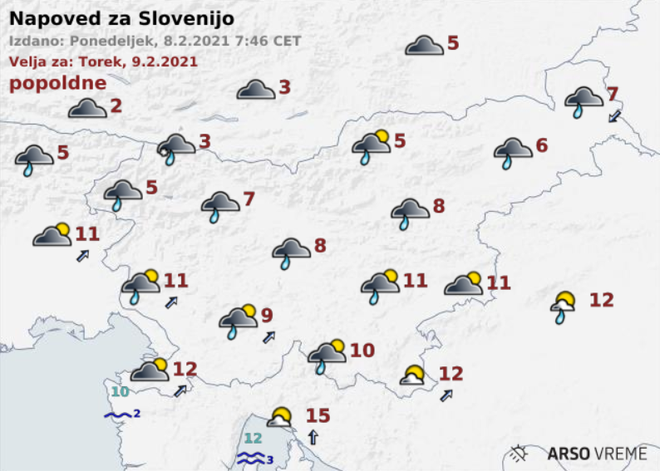 Vremenska slika za torek. FOTO: Arso