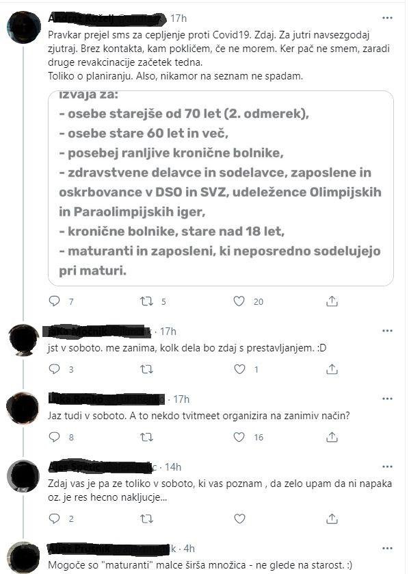 So SMS-vabilo na cepljenje dobile tudi osebe, ki niso v rizični skupini? FOTO: Twitter, posnetek zaslona