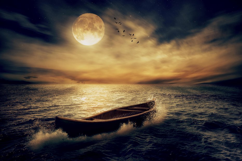 Fotografija: Boat drifting away from past in middle of ocean after storm without course on moonlight sky night skyline clouds background. Conceptual nature landscape screen saver. Life saver future hope concept