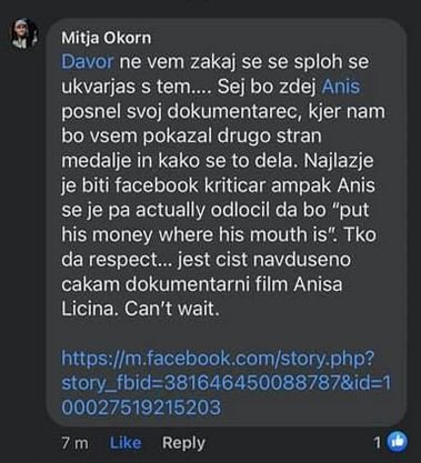 Okorn je takole odgovoril nastopajočemu v svojem filmu, ki ga je na facebooku napadel Ličina. FOTO: Facebook