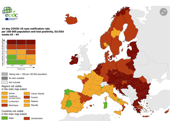 Večina evropskih držav ostaja rdeča in temnordeča. FOTO: ECDC
