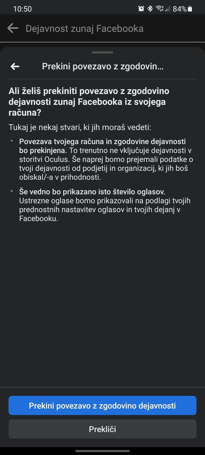 Dejavnosti zunaj facebooka lahko prekinemo za naprej in pobrišemo za nazaj.
