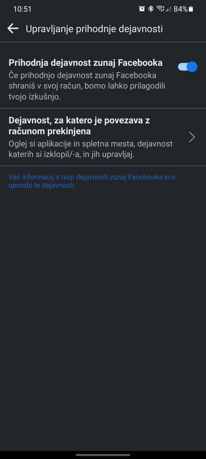 Dejavnosti zunaj facebooka lahko prekinemo za naprej in pobrišemo za nazaj.
