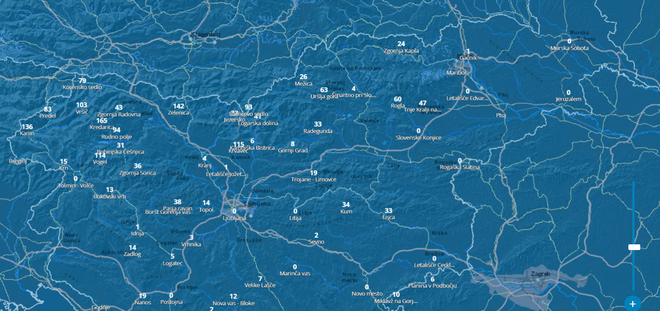 Zemljevid Slovenije z višino snežne odeje. FOTO: Arso, posnetek zaslona
