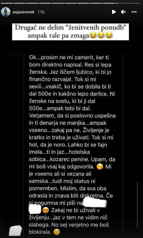 Sporočilo občudovalca. FOTO: Instagram, zaslonski posnetek
