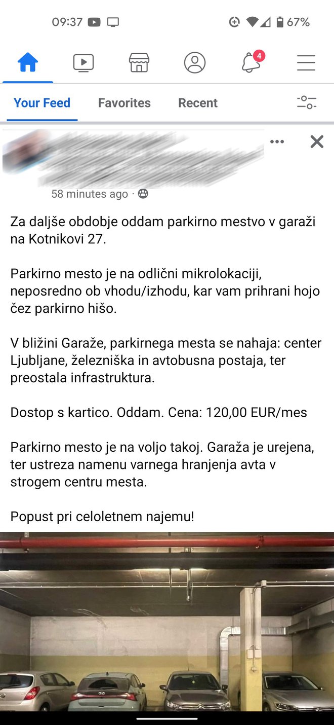 Oglas za parkirno mesto. FOTO: Facebook
