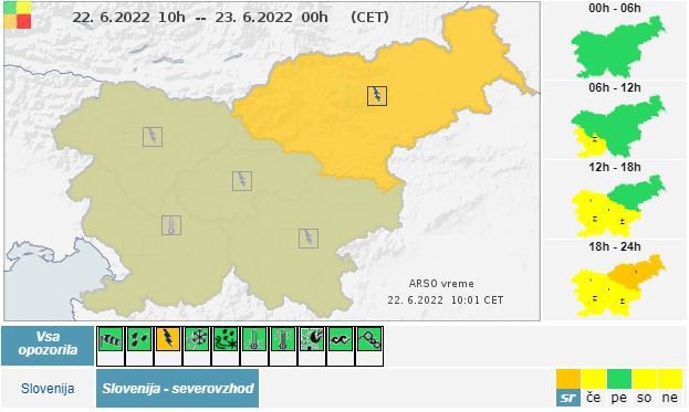 Oranžno opozorilo za severovzhod Slovenije. FOTO: Arso
