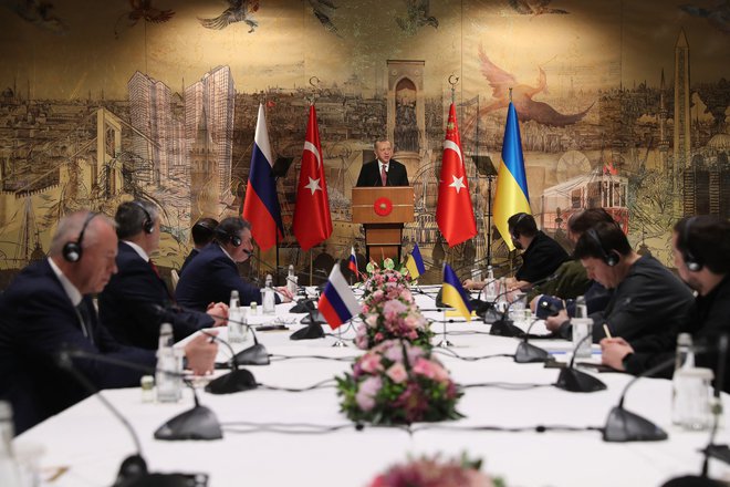 Turški predsednik Erdoğan je z izjavo za medije odprl začetek današnjih pogajanj med Ukrajino in Rusijo. FOTO: AFP
