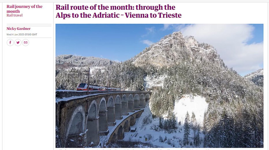 Fotografija: The Guardian je za potovanje meseca januarja objavil pot z vlakom Emona, ki pelje med Dunajem in Trstom. FOTO: Zaslonski posnetek/THEGUARDIAN.COM
