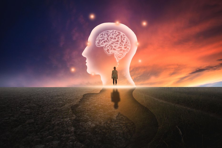 Fotografija: A virtual man with symbolic neurons in the brain Freedom of thought Creative ideas, ideas and innovations / Evening sky background