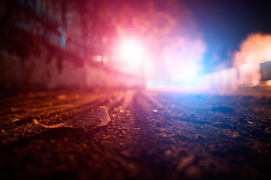 Fotografija: Autumn leaf on the road surface with blue and red police lights in the background FOTO: Qunamax Getty Images/istockphoto