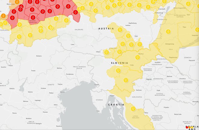 Danes bo predvsem vzhodni del države zavzel močan veter. FOTO: Meteoalarm Zajem Zaslona