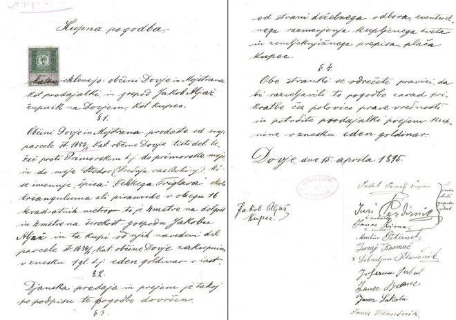 Kupo-prodajna pogodba, s katero je kupil vrh Triglava. FOTO: arhiv Slovenskega planinskega muzeja
