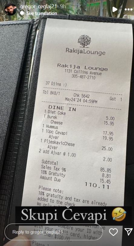 Fotografija: Cene čevapčičev v Miamiju. FOTO: Zaslonski Posnetek, Instagram