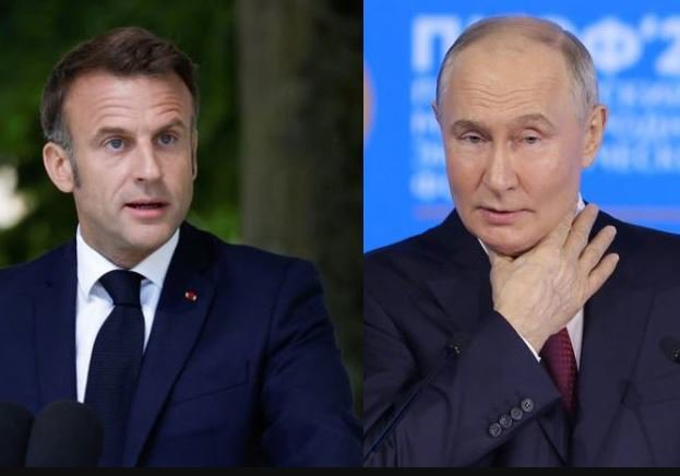 Fotografija: Emmanuel Macron in Vladimir Putin. FOTO: Anton Vaganov Reuters/Benoit Tessier Reuters