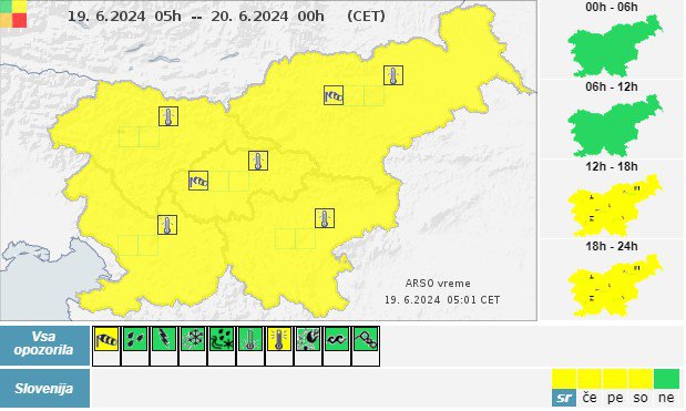 Rumeno opozorilo velja za vso Slovenijo. FOTO: Meteo.si