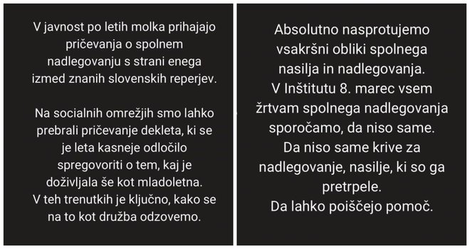 Izjava nevladnikov o navedbah, ki se tičejo Saše Petrovića. FOTO: Inštitut 8. Marec Zajem Zaslona Instagram