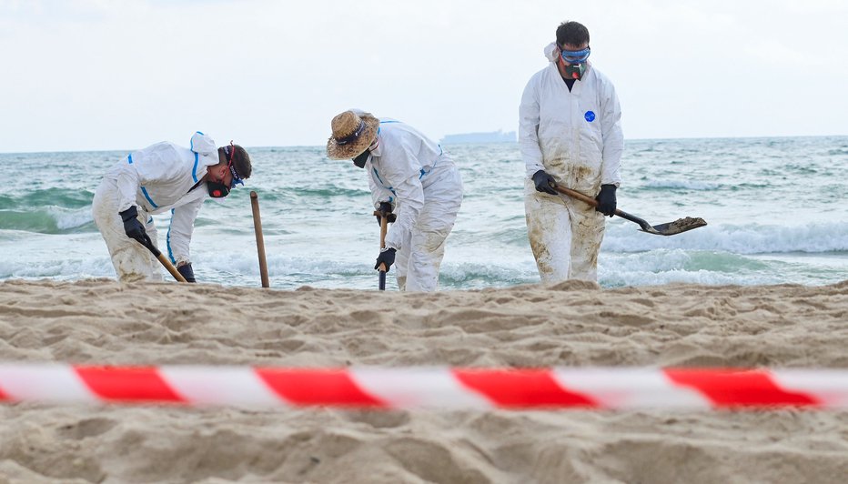 Fotografija: Delavci odstranjujejo svinjarijo s plaže Saler. FOTOGRAFIJI: Jose Jordan/AFP