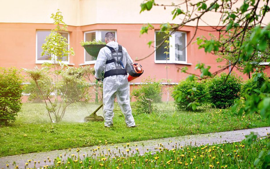 Fotografija: Man with lawn mower trimming grass. Worker in long sleeve coverall cutting grass in the street, man with weed trimmer mow green lawn FOTO: Tricky_shark, Shutterstock