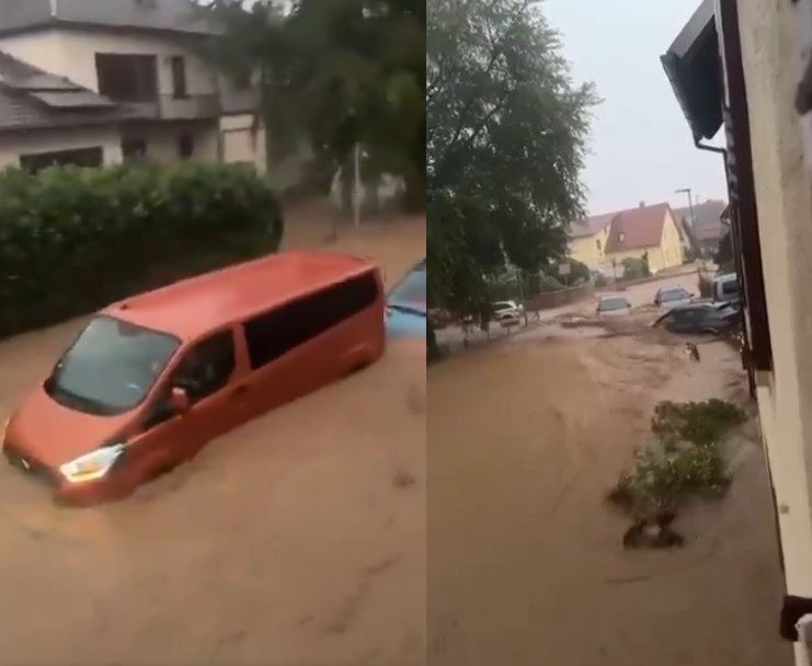 Fotografija: Več regij v Nemčiji in Švici so prizadela neurja s točo in dežjem. Ulice in ceste so bile poplavljene. FOTO: Zaslonski Posnetek Omrežje X