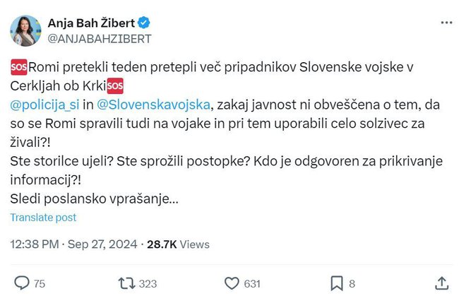 Poslanka Bah Žibert se je razpisala na spletu. FOTO: Zajem zaslona X