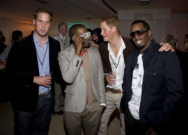 Princ William, Kanye West, princ Harry in P. Diddy po koncertu, leta 2007 posvečenem princesi Diani FOTO: Profimedia