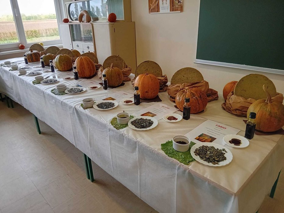 Fotografija: Šolarji so pripravili tudi degustacijo osmih različnih vrst bučnega olja. Foto: Jože Žerdin